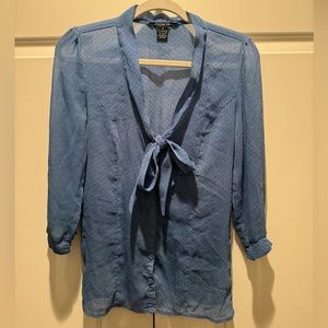 Vintage Blue Polkadot Sheer Button Down Blouse with Tie